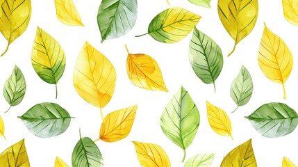 Obraz premium Hand drawn yellow and green leaf seamless pattern background