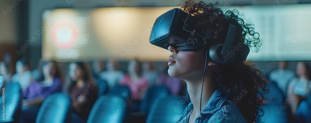 Poster college student attending virtual reality based psychology class exploring human behavior in simulat