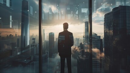 Fototapeta premium In his modern office, a confident young businessman standing in a tailored suit watches a big city with skyscrapers through the office window. A successful finance manager is planning a project