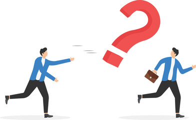 Businessman throws a Big question mark to other people

