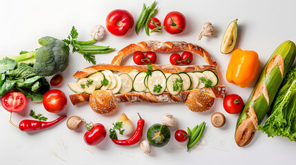 Tasty bread, baguettes and fresh vegetables arranged in the shape of a car on a white background, studio photo