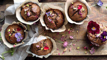  Muffins on cutting board with flowers