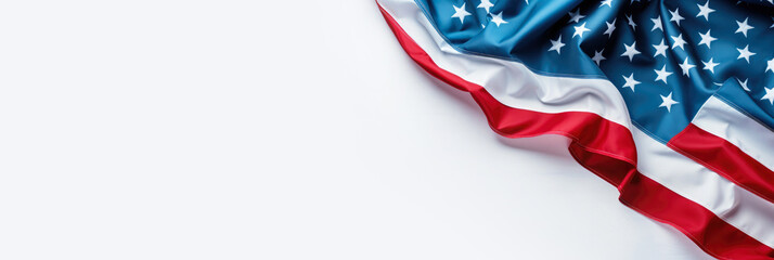 American flag on white background. Banner for Flag Day, Independence Day, Memorial Day. Flat lay, top view. Copy space for text. Mock up. Close up.