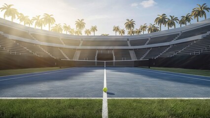 An empty, modern tennis stadium bathed in a soft, golden sunlight. The stadium is surrounded by lush green grass and tall palm trees, In the center of the court, a single tennis ball