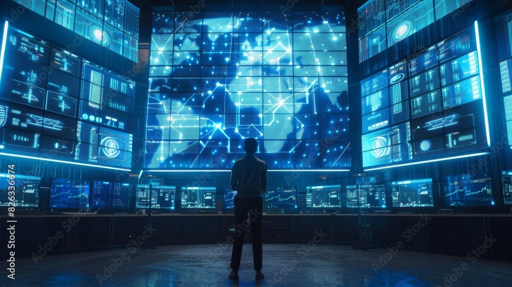 Poster a chief engineer stands in the system control room. an interactive map is shown on the big screen. t