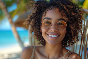 Portrait of happy young black woman relaxing at tropical beach while looking at camera wearing sunglasses. Smiling african american girl with fashion sunglasses enjoying vacation.
