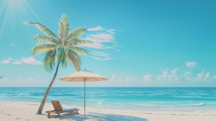 A summer beach vacation scene with a blue background. A 3D rendering of the scene