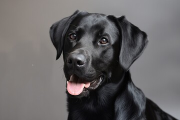 In a studio photo, a friendly black Labrador is captured, exuding warmth and approachability. The Labrador's glossy black coat gleams, and its mouth is slightly open. 