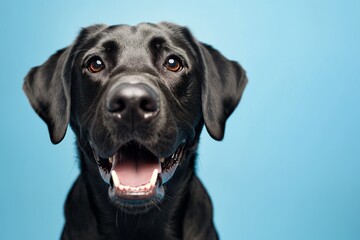In a studio photo, a friendly black Labrador is captured, exuding warmth and approachability. The Labrador's glossy black coat gleams, and its mouth is slightly open. 
