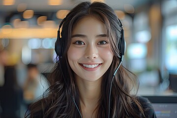 Asian woman work as customer support service or call center phone operator, using desktop computer and microphone headset, late night shift. Overtime office life, telemarketing or sales job concept