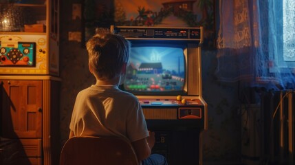 Retro Childhood Concept: Kids Playing a Game on a Retro TV at Home In A Room With Period-Correct Interior. Kids Waiting For Levels To Load.