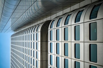 an upward view of buildings and their windows in a city