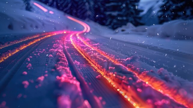 A picturesque snow covered road in a serene forest setting. Ideal for winter themed designs