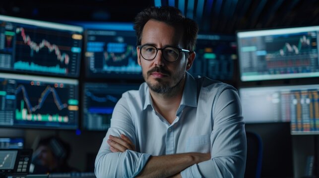 He speaks charismatically into the camera while computer screens with ticker numbers, data, and graphs are shown behind him.