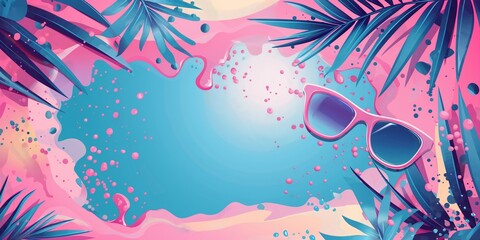 Stylish summer sale banner with tropical leaves and sunglasses on blue background. Free space for product placement or advertising text in central frame, made of pink paint smudges.
