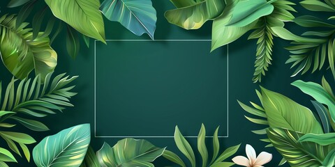 Elegant summer sale banner with tropical leaves on green background. Free space for product placement or advertising text in central frame.