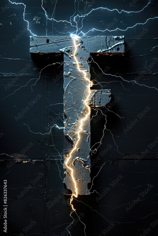 Poster a unique cross symbol with a lightning bolt emerging from it. suitable for various design projects