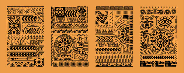 Mexican pattern. Tribal silhouette print. Aztec background. Polynesian or African ornaments. Mayan geometric shapes. Mexico texture. Peru or Inca flat graphic. Vector tidy ethnic border elements set
