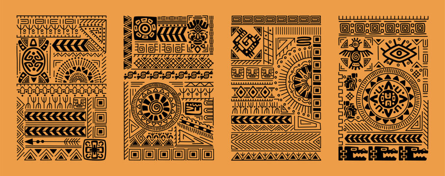 Mexican pattern. Tribal silhouette print. Aztec background. Polynesian or African ornaments. Mayan geometric shapes. Mexico texture. Peru or Inca flat graphic. Vector tidy ethnic border elements set