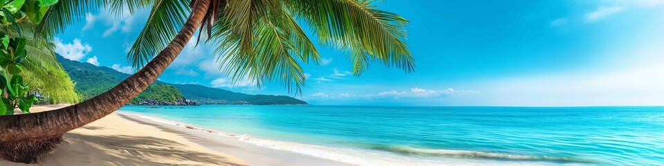 Tropical beach panorama with palm tree and turquoise ocean.