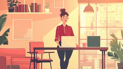 illustration of a woman wearing a red shirt, working on a laptop, sitting on the chair in an office