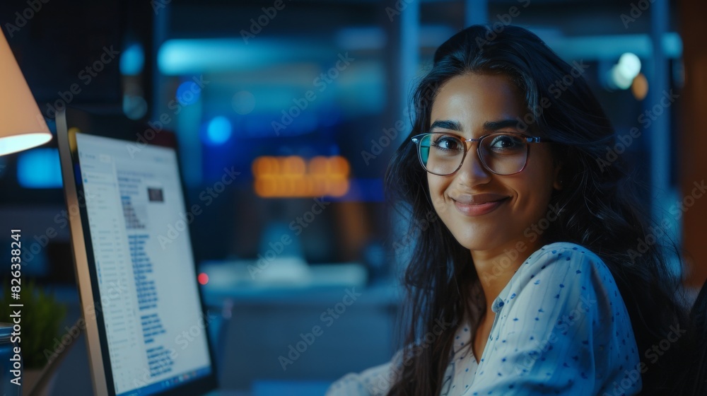 Poster diverse office: a beautiful, smiling indian information technology programmer works on her desktop c
