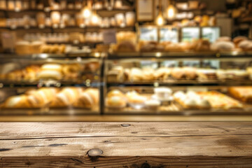 A wooden counter in the foreground with a blurred background of a bakery shop. The background shows display cases filled with fresh pastries, bread, and cakes. 
