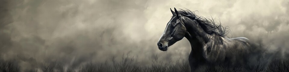 A black horse in a meadow runs out of thick fog. A wild animal runs away from a wildfire with smoke in the background.