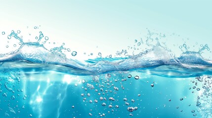 Transparent blue water surface with ripples, splash and bubbles. Sectional view on a light background.