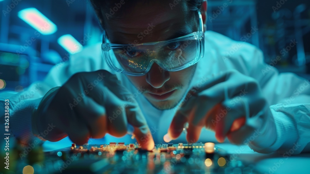 Poster an advanced scientific research facility is in the background as a team of scientists decide which p