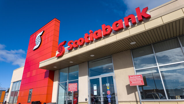 Low angle of Scotiabank entrance in Barrhaven, Ottawa