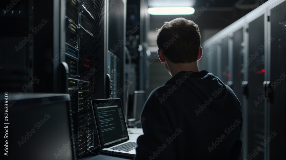 Poster back view of it specialist working on laptop in data center next to server racks. computer is runnin
