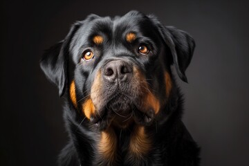 In a studio photo portrait, a majestic Rottweiler is captured looking up at the camera with a dignified yet affectionate expression. 