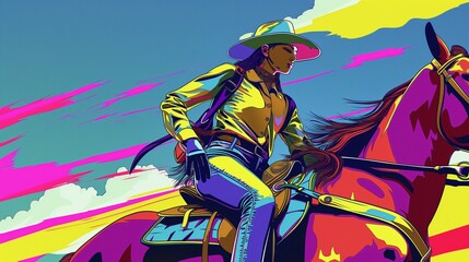 Bright multicolored simple illustration of a cowgirl riding a horse against the sky.