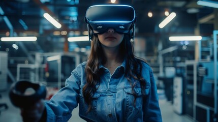 The image shows a female mechanical engineer wearing a headset and using controllers to design, develop, and prototype industrial products using VR technology.