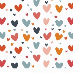 Colorful painted hearts on white background, seamless pattern, minimalist style, flat lay