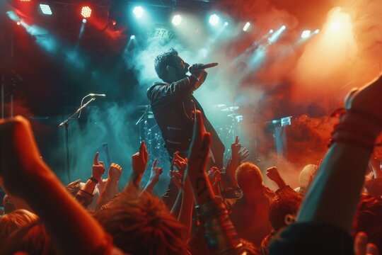 A man standing on a stage holding a microphone. Suitable for events and performances
