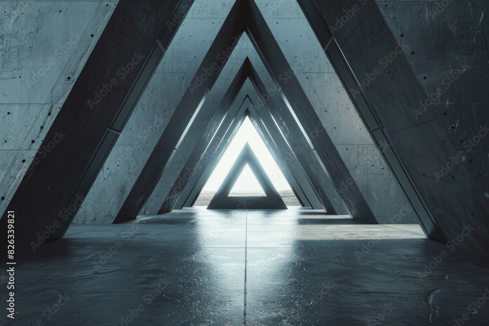 Poster unique triangle shaped building with light shining through. great for architectural concepts