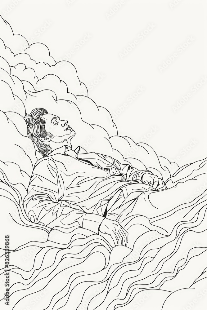 Poster a man depicted laying in fluffy clouds. ideal for dreamy and surreal concepts