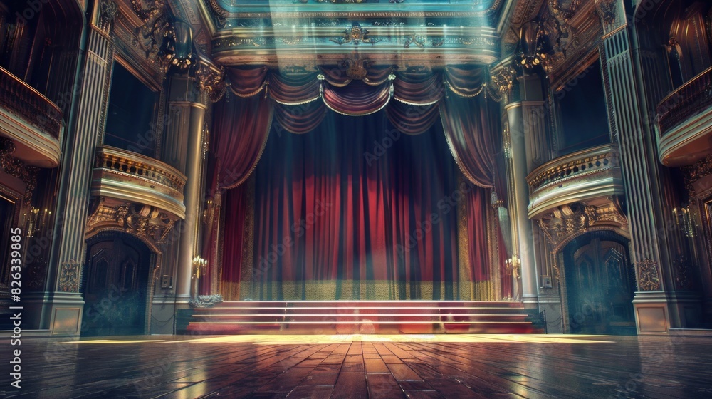 Poster a stage with a red curtain and a red chair. suitable for theatrical or performance concepts