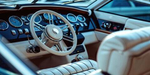 Close up of a boat steering wheel and dashboard. Perfect for nautical or travel concepts