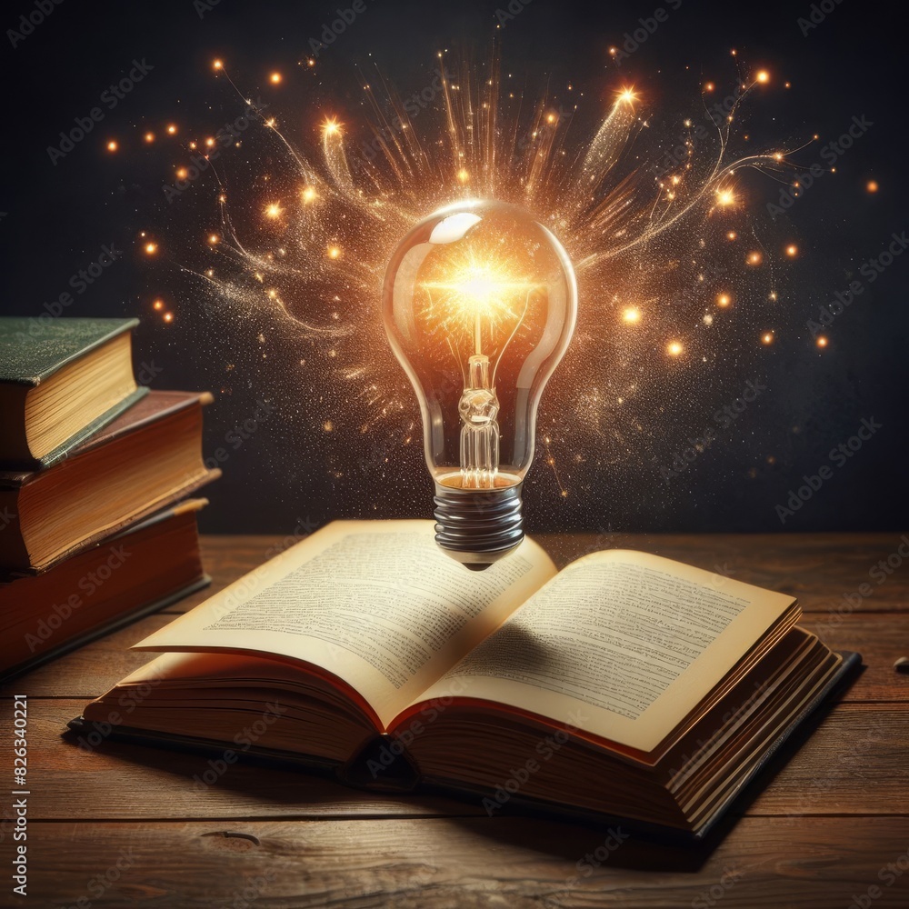 Poster a magical scene with a light bulb glowing over an open book, emitting sparks on a wooden table, symb