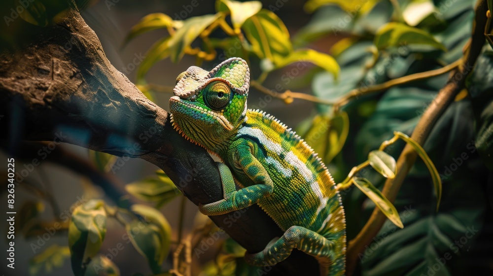 Poster A colorful chameleon perched on a tree branch. Perfect for nature and wildlife themes