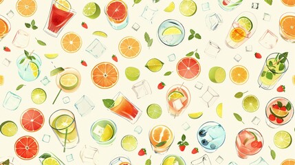 Fototapeta premium Colorful seamless pattern of tropical lemon limes cocktails and other fruits used for backgrounds 