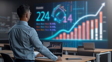 2024 Business Financial Plan and Market Concept: Businessman Analyzes Profit Growth Performance from 2023 to 2024 with Revenue Graphs and Financial Education Trends