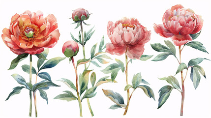 Watercolor illustrations of floral elements, including blooming peonies and nature-inspired decorations, isolated on white background