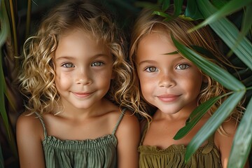 Two happy smiling little blonde curly hair girls in green summer dress hugging in tropical forest among palm leaves. Children friendship concept.