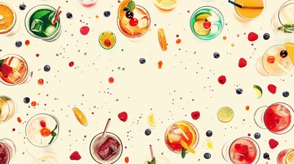Colorful seamless pattern of tropical lemon limes cocktails and other fruits used for backgrounds 