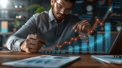 2024 Business Financial Plan and Market Concept: Businessman Analyzes Profit Growth Performance from 2023 to 2024 with Revenue Graphs and Financial Education Trends