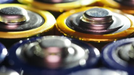 Closeup footage of old used batteries collected for recycling, Toxic waste recycling concept